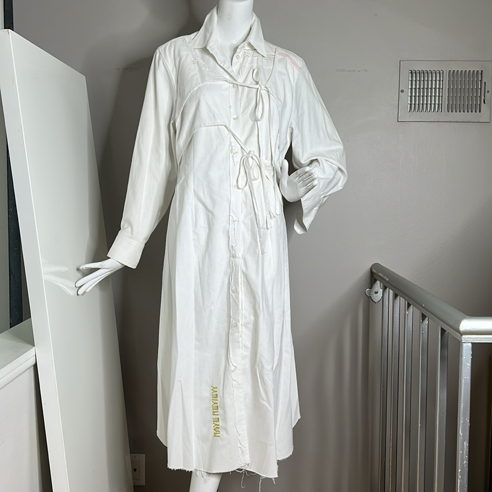 Rave Review Sz 38 US 10 White 100% Cotton Long Sleeve Front Button Long Dress